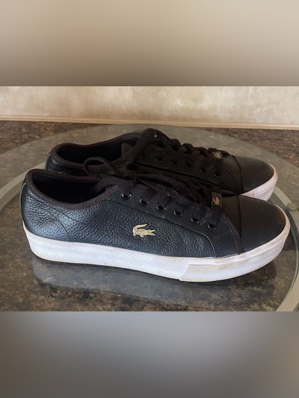 Lacoste Black Leather Low-Top Sneakers with White Soles and Gold Logo Womens 8 - Picture 3 of 9
